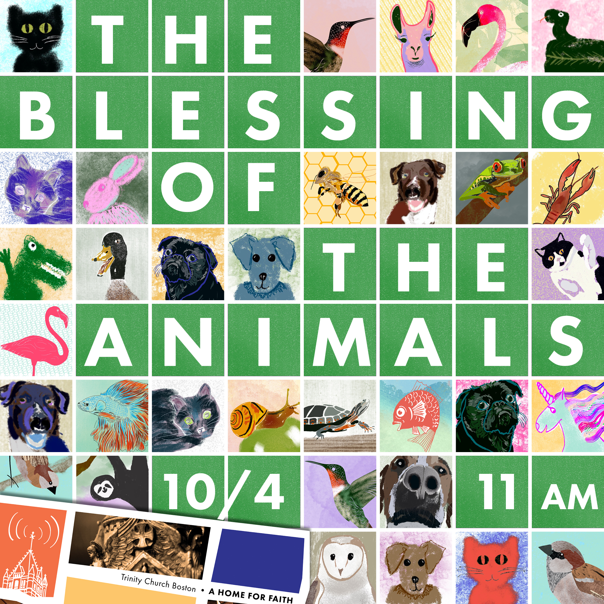 Join us for The Blessing of the Animals on Zoom at 11 am on Sun., 10/4. Image is an 8x4 grid with 'Blessing of the Animals' text and hand-drawn images of cats, dogs, birds, and other animals, including a llama, bunny, unicorn, honeybee, frog, turtle, sloth, and a snail. 