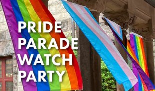 Rainbow, trans pride, and progressive pride flags flutter in the breeze along the St. Francis Garden of Trinity Church. Text reading: Pride parade watch party' is overlaid on top of the rainbow flag. 