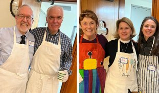two men and three women wearing aproms smile at the camera as they prepare Community Breakfast for Trinity Church Boston