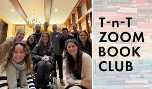 a smiling group of people in their twenties and thirties, next to a faded photo of colorful book covers. Laid over the book covers are the words: T-n-T Zoom Book Club