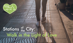 Walking feet with the text "Stations of the City: Walk in the Light of Love"
