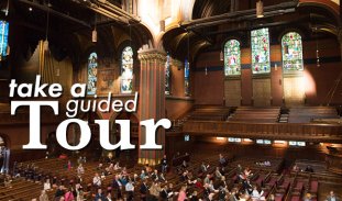 Take a guided Tour, with an image of people touring inside of Trinity Church Boston