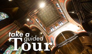 Take a guided Tour, with an image looking up into the interior of the massive central tower of Trinity Church Boston