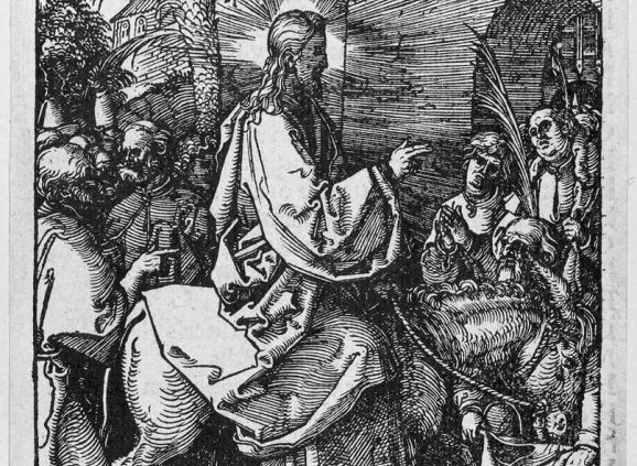 Woodcut by Durer of Christ entering Jerusalem on a donkey.
