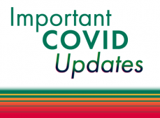 green text reads: Important COVID Updates' on a white field over a red and yellow gradient with green lines'