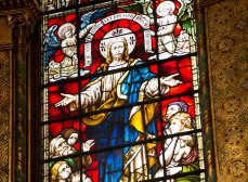 detail of 'The Preacher' stained glass window of Christ located in Trinity Church Boston's chancel, by Clayton and Bell
