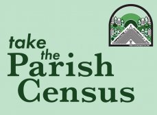 take the parish census in deep forest green serif type over a light minty green background