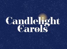 Candlelight Carols in white type over a navy blue background