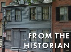 A colonial two-story blue-grey wooden house with 8 windows is on a brick street in Beacon Hill in Boston. This is the George Middleton House, located at 5 Pinckney Street in Boston.  