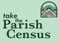 take the parish census in deep forest green serif type over a light minty green background