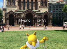 The front porch of Trinity Church, with a digital Pokemon character hovering in front of it.