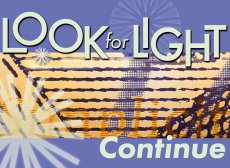 the text reads: 'Look for Light: Continue' and is overlaid against a section of a stained glass window featuring dry-brush style blue lines depicting clouds, a sunbeam, and the sky