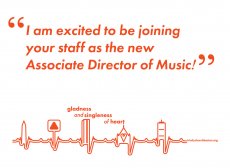 The text reads: "I am excited to be joining your staff as the new Associate Director of Music!" in orange sans-serif type over a white background. 